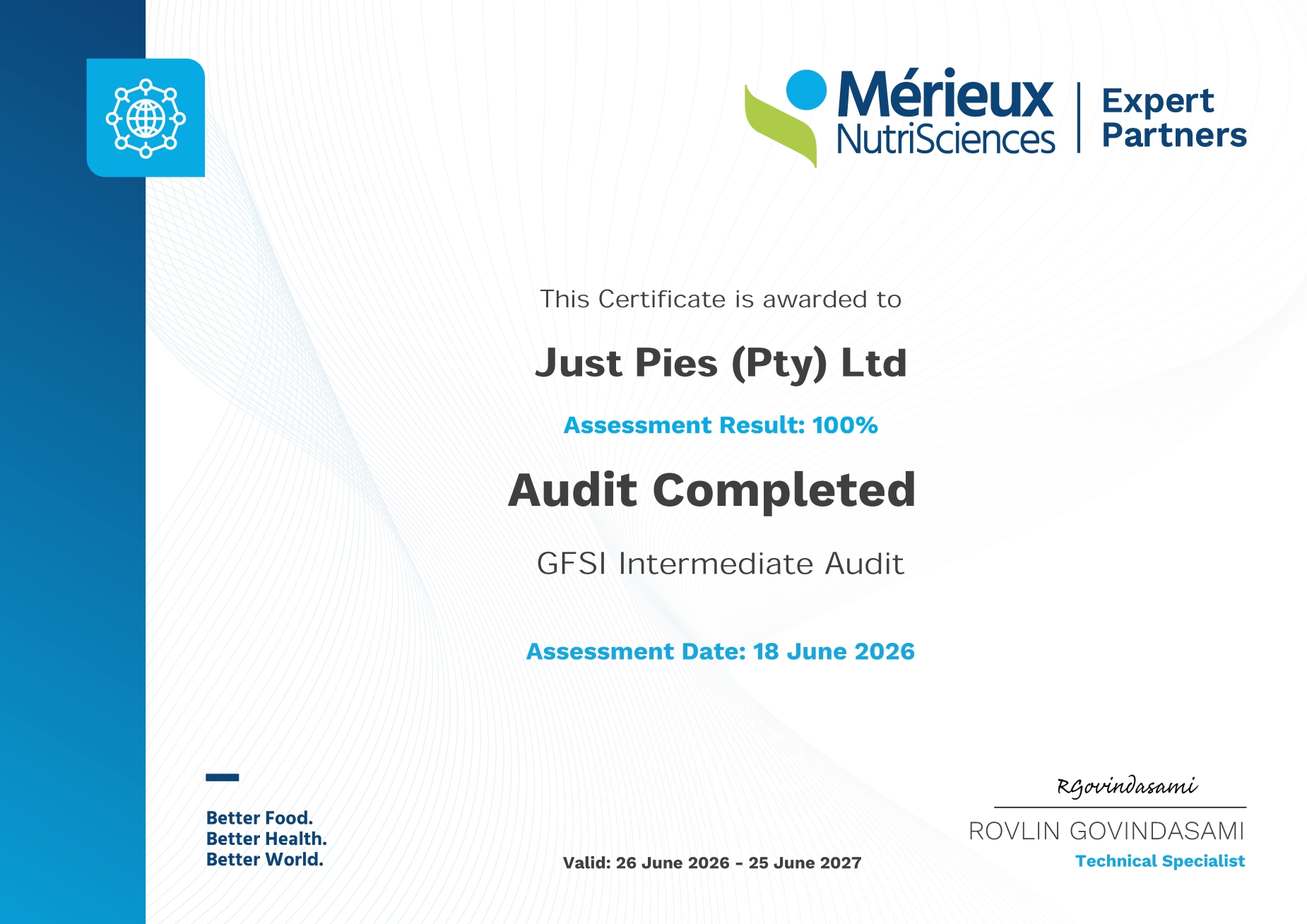 Just Pies GFSI-I Audit 2026 Certificate